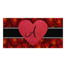 Monogram red roses red heart photo greeting card
