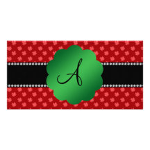 Monogram red shamrocks customized photo card