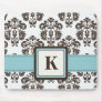 Monogram Tiffany Blue and Brown Damask Mouse Pad