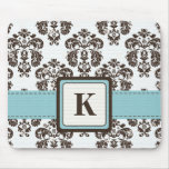 Monogram Tiffany Blue and Brown Damask Mouse Pad mousepads
