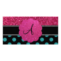 Monogram turquoise and pink polka dots photo greeting card
