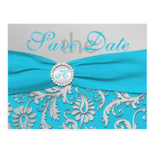 Monogram Turquoise and Silver Save the Date Card Post Cards