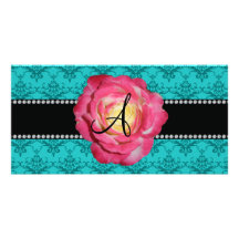 Monogram turquoise damask pink rose photo greeting card