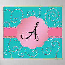 Monogram turquoise diamond swirls posters