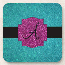 Monogram turquoise glitter beverage coaster