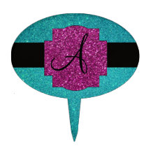 Monogram turquoise glitter cake picks
