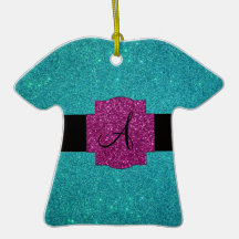 Monogram turquoise glitter christmas tree ornament