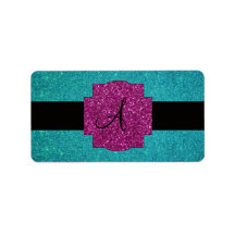 Monogram turquoise glitter labels