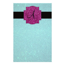 Monogram turquoise glitter personalized stationery