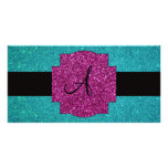 Monogram turquoise glitter photo cards