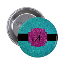 Monogram turquoise glitter pinback buttons
