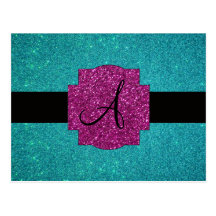 Monogram turquoise glitter post card