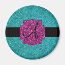 Monogram turquoise glitter refrigerator magnet