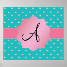 Monogram turquoise heart diamonds print