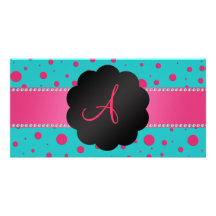 Monogram turquoise pink polka dots photo greeting card