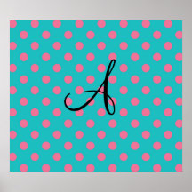 Monogram turquoise pink polka dots posters