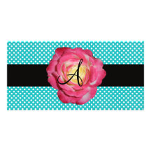 Monogram turquoise polka dots pink rose customized photo card