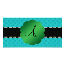 Monogram turquoise shamrocks photo greeting card