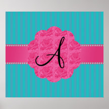 Monogram turquoise stripes pink roses print