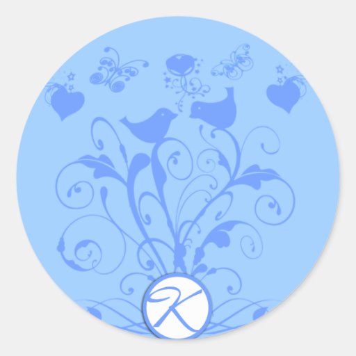 Monogram Wedding Birds Hearts Swirls Powder Blue Round Stickers