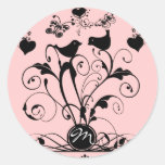 Monogram Wedding Birds Hearts Swirls Round Stickers