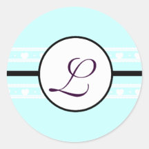 Monogram Wedding Brite Aqua Blue Borders Round Stickers