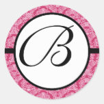 Monogram Wedding Raspberry Damask Round Sticker