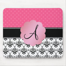 Monogram white damask pink polka dots mouse pad