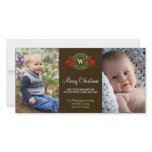 Monogram wreath red green merry Christmas greeting Customized Photo Card
