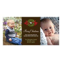 Monogram wreath red green merry Christmas greeting Customized Photo Card