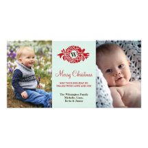 Monogram wreath red mint merry Christmas greeting Photo Card Template