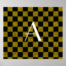 Monogram yellow and black glitter checkered poster