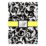Monogram Yellow & Black Damask Wedding RSVP Cards Custom Announcements