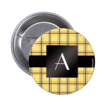 Monogram yellow black plaid pinback button
