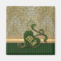 Monogrammed Antique Damask Gold Deep Green Velvet Fridge Magnet