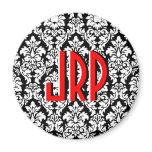 Monogrammed Black White Red Damask magnets