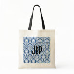 Monogrammed Blue Damask Canvas Bag