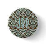 Monogrammed Brown & Blue Damask Pinback Button