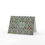 Monogrammed Brown & Blue Damask Greeting Card