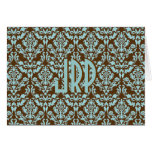 Monogrammed Brown & Blue Damask Greeting Card