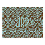 Monogrammed Brown & Blue Damask Post Cards