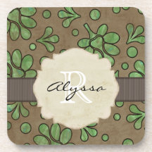 Monogrammed Green Flower Beverage Coaster