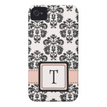 Monogrammed Pink Black Damask iPhone 4 Case Cover