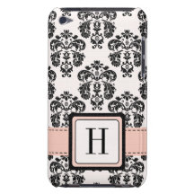 Monogrammed Pink Black Damask iPod Touch 4 Case-Ma iPod Case-Mate Case