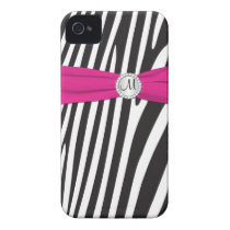 Monogrammed Pink, Black, White Zebra Striped Iphone 4 Cover