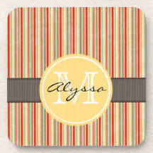 Monogrammed Red Stripe Drink Coaster