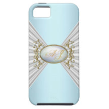 Monogrammed Regal Elegant Blue White Pearl Gold iPhone 5 Case