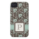 Monogrammed Teal Brown Damask iPhone 4 Case