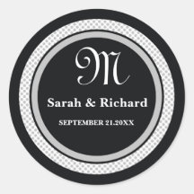 Monogrammed Wedding Stickers:Black Polka Dots