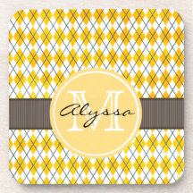 Monogrammed Yellow Argyle Beverage Coaster